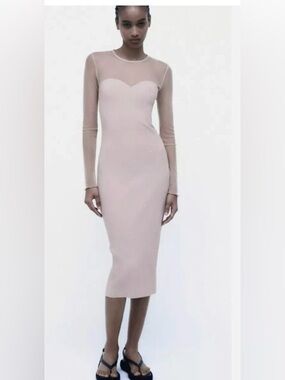 Zara Sheer Yoke Long Sleeve Midi Dress in Blush- never worn